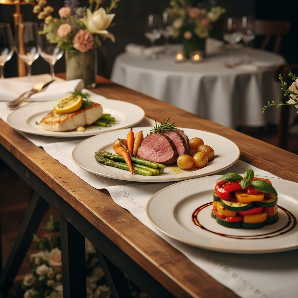 A close-up, photographic-real still life of three carefully plated menu options for a baptism celebration, arranged on a long wooden buffet console with a soft white runner. One plate shows an artfully presented fish fillet with lemon slice and fresh herbs, another displays a tender roast with seasonal vegetables, and the third is a refined vegetarian dish with grilled Mediterranean vegetables and a delicate drizzle of sauce. No hands or diners are visible. Warm, diffused restaurant lighting from above creates appetizing highlights on the dishes and subtle shadows under the plates. The background fades into a tasteful blur of glassware and neutral-toned decor. Shot from a slightly elevated three-quarter angle with sharp focus on the front two plates, the mood is sophisticated, inviting, and oriented toward thoughtful menu choice for a special event.