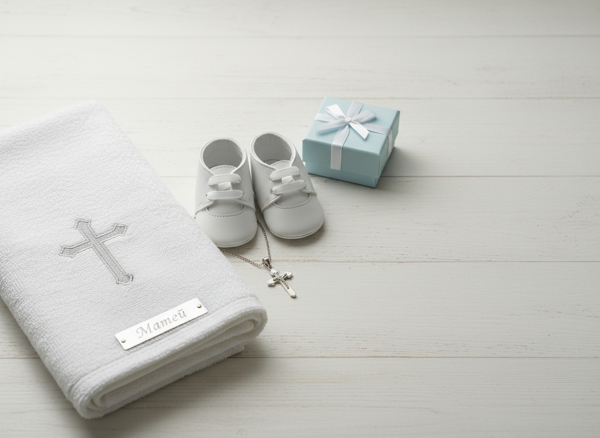 An elegant, minimalist arrangement of baptism accessories for Матей displayed on a pale wooden surface, captured in photographic realism. A folded, plush white christening towel with subtle embroidered cross in silver thread lies beside a tiny pair of white leather baby shoes with fine stitching and satin laces, arranged neatly but without any suggestion of a wearer. Nearby rests a delicate silver cross pendant on a fine chain, and a small, pale blue box with a discreet ribbon, hinting at a keepsake. Soft, indirect daylight streams from the left, creating gentle gradients in the textures and very soft shadows. The composition uses the rule of thirds with ample negative space, producing a serene, luxurious, and contemplative mood suitable for sophisticated informational sections about the ceremony and traditions.