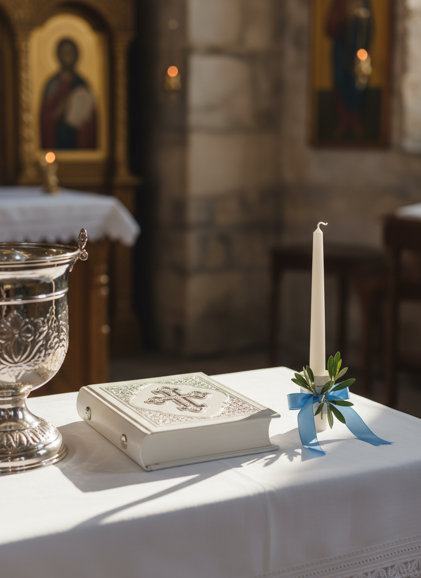 A refined Orthodox baptism still life arranged on a white linen-draped altar table, featuring an ornate silver baptismal font partially visible at the edge, a closed white leather-bound prayer book with silver-embossed cross, and a delicate white candle adorned with a subtle blue ribbon and tiny olive branch detail. The background shows a softly blurred hint of a stone church interior with golden icon frames, all rendered in photographic realism. Gentle afternoon light filters from an unseen side window, creating soft highlights on the metal and casting elegant, calm shadows. Shot at eye level with a shallow depth of field and a balanced, centered composition, the mood is serene, sophisticated, and reverent, perfect as a universal header image for a baptism event website.