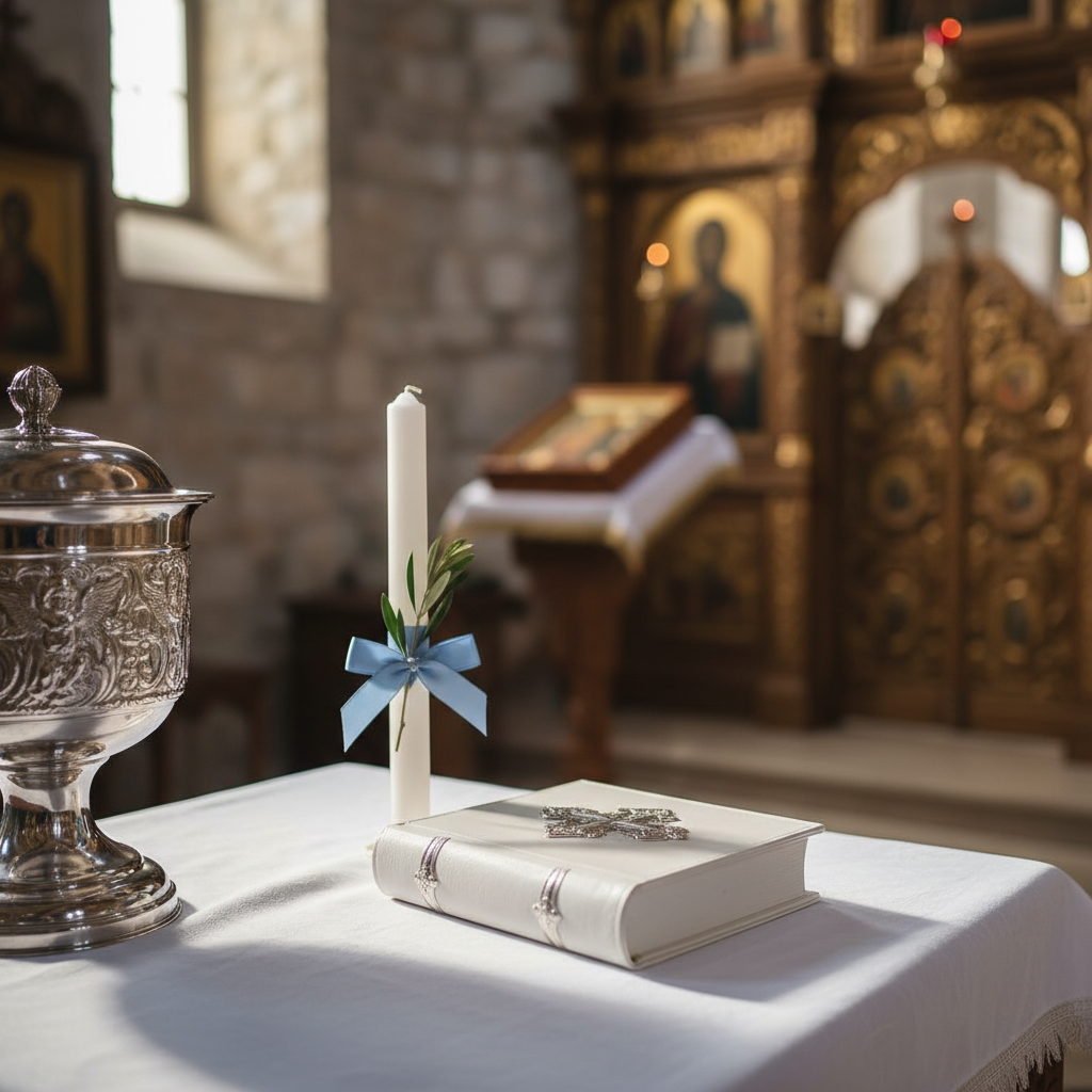A refined Orthodox baptism still life arranged on a white linen-draped altar table, featuring an ornate silver baptismal font partially visible at the edge, a closed white leather-bound prayer book with silver-embossed cross, and a delicate white candle adorned with a subtle blue ribbon and tiny olive branch detail. The background shows a softly blurred hint of a stone church interior with golden icon frames, all rendered in photographic realism. Gentle afternoon light filters from an unseen side window, creating soft highlights on the metal and casting elegant, calm shadows. Shot at eye level with a shallow depth of field and a balanced, centered composition, the mood is serene, sophisticated, and reverent, perfect as a universal header image for a baptism event website.
