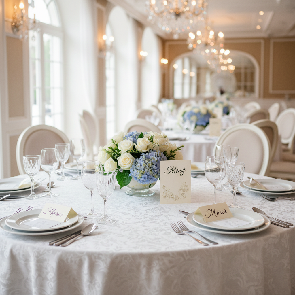 A beautifully set reception table designed for a child’s baptism celebration of Матей, presented without any people, in a bright, elegant restaurant interior. A round table is covered with a snow-white damask tablecloth, topped with fine white porcelain plates, polished silver cutlery, and tall crystal glasses catching the light. At the center, a low floral arrangement of white roses and soft blue hydrangeas rests in a simple glass vase, with a small, calligraphed place card reading “Меню” in Bulgarian. Soft natural daylight streams through large windows, enhanced by warm overhead chandeliers, creating a luxurious yet calm ambiance. Photographic realism, shot from a slightly elevated angle using the rule of thirds, with a gentle bokeh of other tastefully arranged tables in the background, conveying celebration, sophistication, and careful menu selection.
