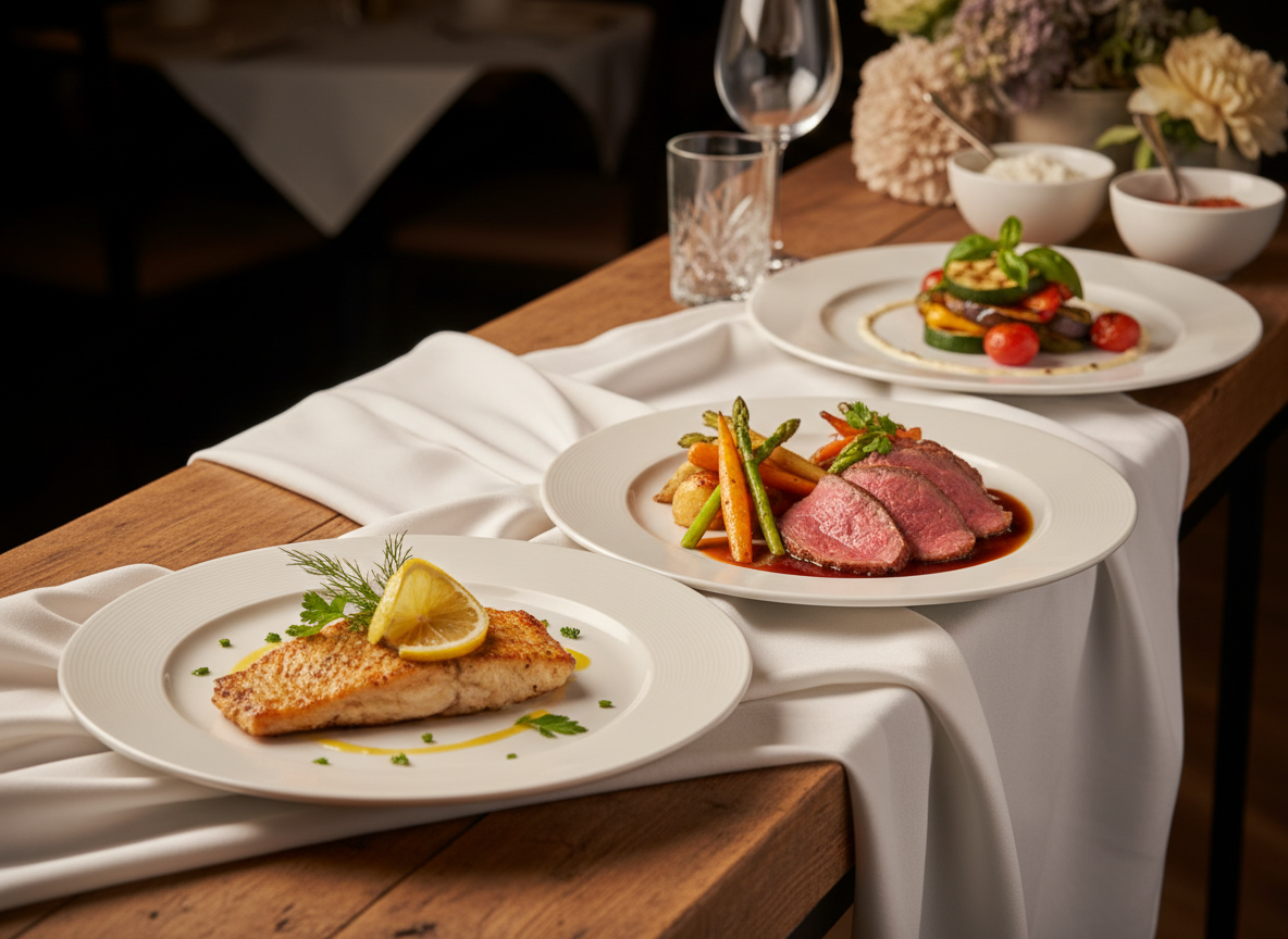A close-up, photographic-real still life of three carefully plated menu options for a baptism celebration, arranged on a long wooden buffet console with a soft white runner. One plate shows an artfully presented fish fillet with lemon slice and fresh herbs, another displays a tender roast with seasonal vegetables, and the third is a refined vegetarian dish with grilled Mediterranean vegetables and a delicate drizzle of sauce. No hands or diners are visible. Warm, diffused restaurant lighting from above creates appetizing highlights on the dishes and subtle shadows under the plates. The background fades into a tasteful blur of glassware and neutral-toned decor. Shot from a slightly elevated three-quarter angle with sharp focus on the front two plates, the mood is sophisticated, inviting, and oriented toward thoughtful menu choice for a special event.
