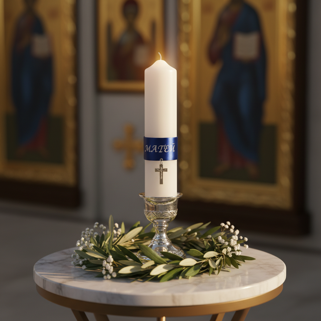 A graceful, symbolic still life featuring a baptismal candle for Матей as the central subject, standing upright in an elegant silver candle holder on a small marble-topped side table. The candle is pure white, wrapped with a narrow, refined blue satin ribbon and a tiny silver charm shaped like a cross. Around the base, a delicate ring of olive leaves and white gypsophila flowers rests on the marble. The background shows a softly blurred suggestion of a church icon corner in warm gold and deep blue tones. Gentle, warm side lighting mimics late-afternoon sunlight, creating a halo-like glow around the upper edge of the candle and soft, elongated shadows. Photographic realism, vertically oriented composition with ample negative space above, conveying spiritual significance, peace, and quiet sophistication.