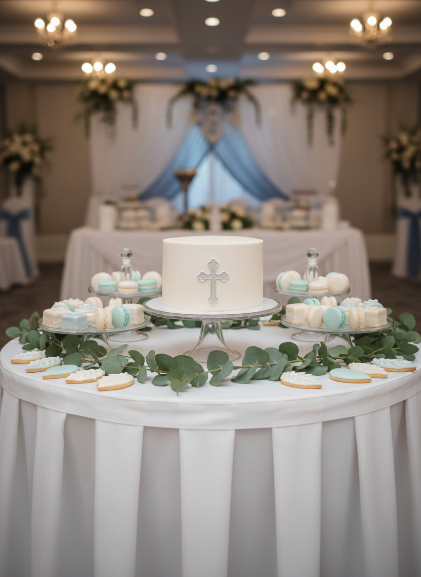 A refined dessert and cake table prepared for the baptism of Матей, styled in white and soft blue without any people present. A single-tier white cake with smooth fondant finish and a subtle silver cross motif sits on a glass pedestal stand, surrounded by neatly arranged petits fours, macarons, and delicate cookies, all in white, cream, and pale blue tones. The table is covered in crisp white linen with a trailing eucalyptus garland adding a touch of natural green. Warm, gentle ambient lighting from overhead creates a soft glow on the glazed surfaces and glass stands, while the background shows an out-of-focus, tastefully decorated event hall. Shot at eye level with a shallow depth of field and centered composition, the atmosphere feels celebratory, sophisticated, and perfectly curated for a special baptism event.