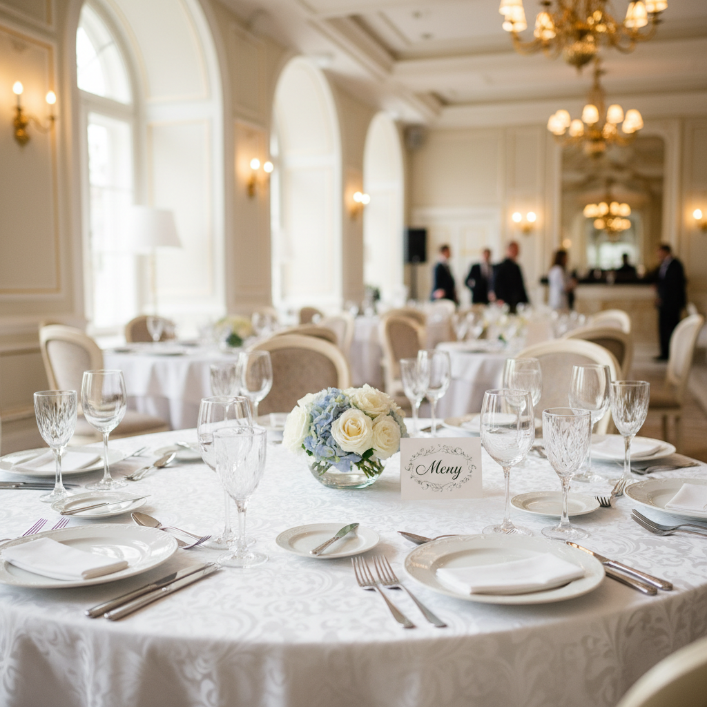 A beautifully set reception table designed for a child’s baptism celebration of Матей, presented without any people, in a bright, elegant restaurant interior. A round table is covered with a snow-white damask tablecloth, topped with fine white porcelain plates, polished silver cutlery, and tall crystal glasses catching the light. At the center, a low floral arrangement of white roses and soft blue hydrangeas rests in a simple glass vase, with a small, calligraphed place card reading “Меню” in Bulgarian. Soft natural daylight streams through large windows, enhanced by warm overhead chandeliers, creating a luxurious yet calm ambiance. Photographic realism, shot from a slightly elevated angle using the rule of thirds, with a gentle bokeh of other tastefully arranged tables in the background, conveying celebration, sophistication, and careful menu selection.